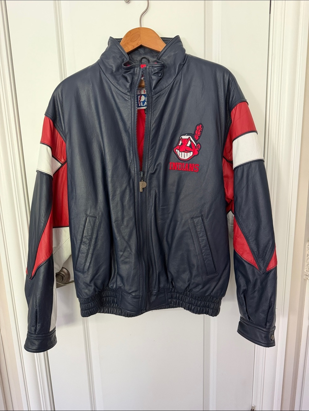 Vintage Wilson’s Pro Player Men's Navy and Red Indians Leather Bomber Jacket